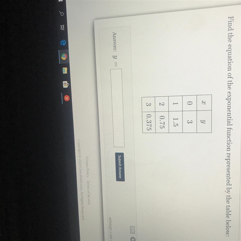 Find the equation of the exponential function represented by the table below: above-example-1