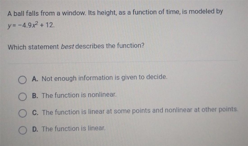 A ball falls from a window. Its height, as a function of time, is modeled by y=-4.9x-example-1