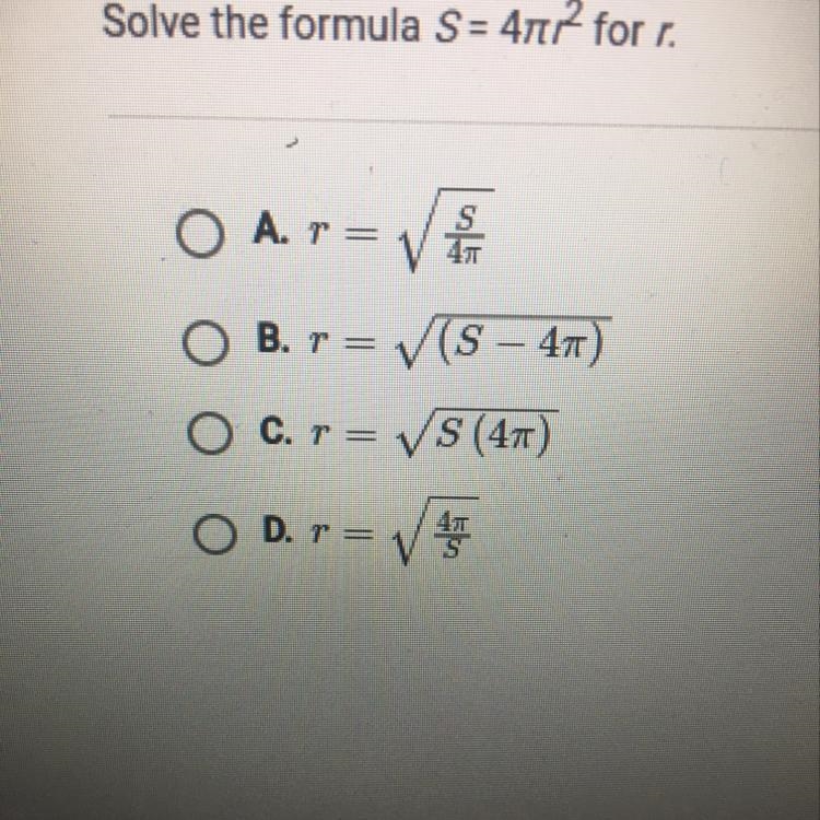 Solve the formula S =4pi r^2-example-1