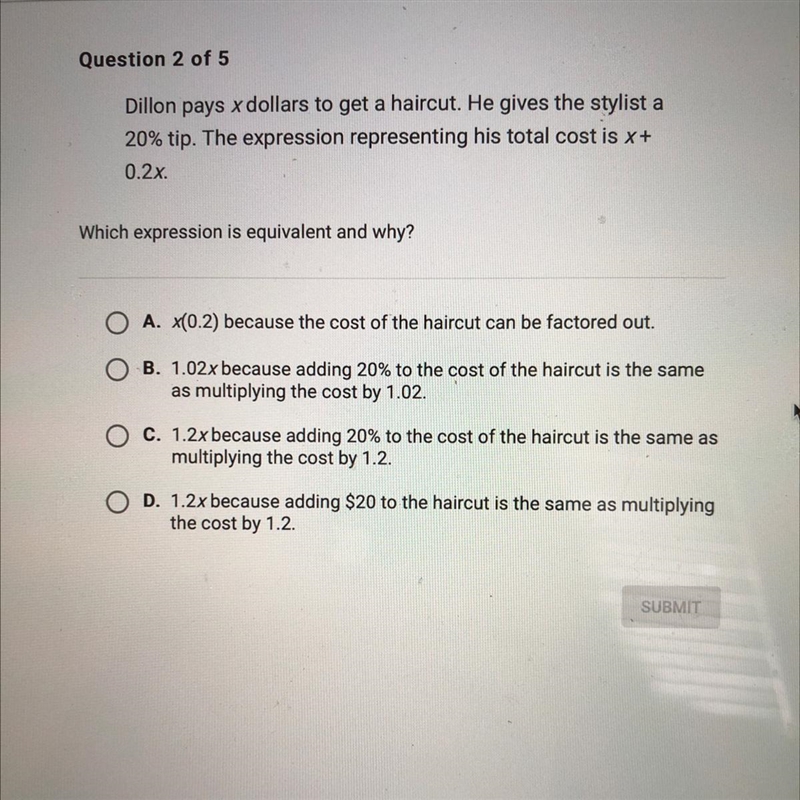 Dillon pays x dollars to get a haircut. He gives the stylist a 20% tip. The expression-example-1