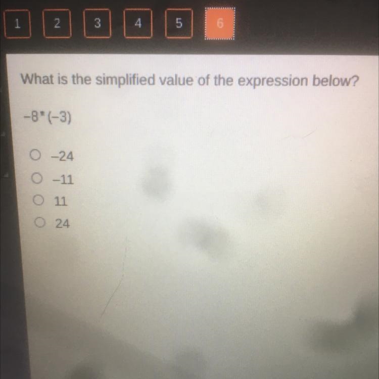 What is the simplified value of the expression below? -8*(-3) 0 - 24 0-11 11 24-example-1