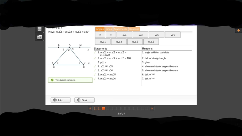 Proving the Sum of the Interior Angle Measures of a Triangle Is 180° I already solved-example-1