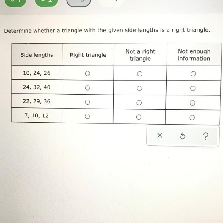 Determine whether a triangle with the given side lengths is a right triangle. PHOTO-example-1