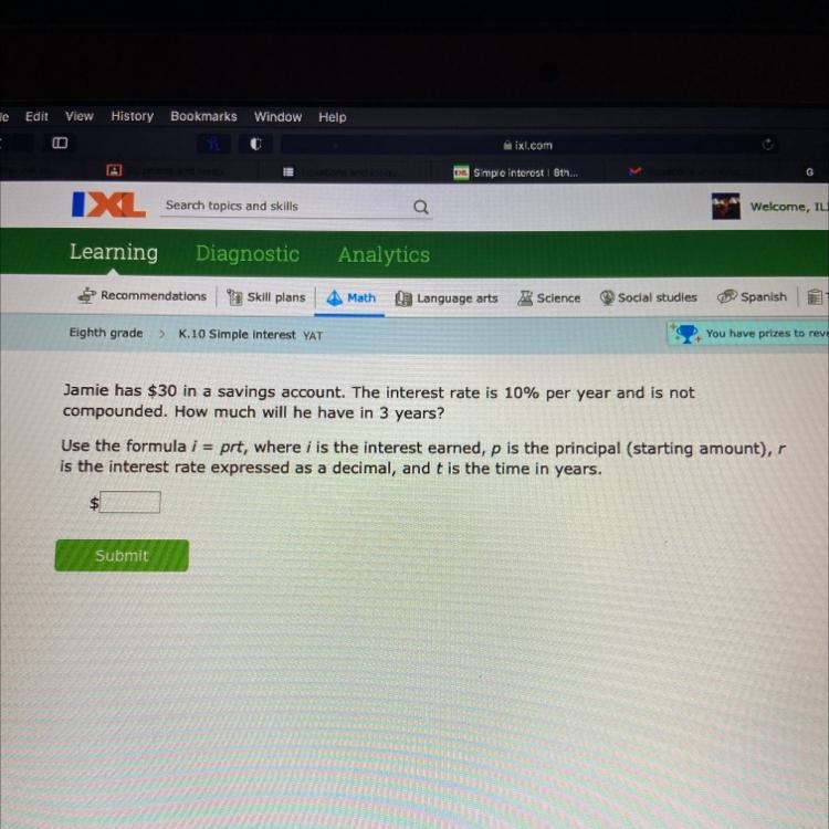 Jamie has $30 in a savings account. The interest rate is 10% per year and is not compounded-example-1