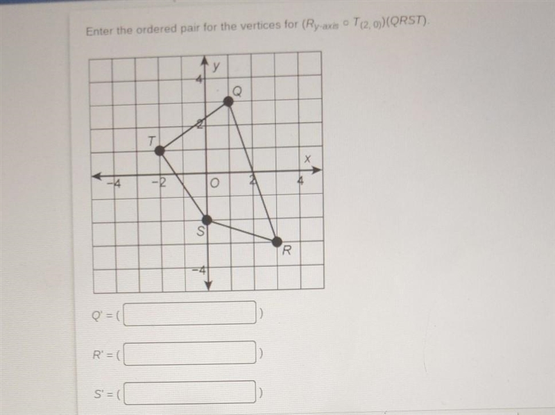 Enter the ordered pair for the vertices for (Ry-axis o T(2,0))(QRST).​-example-1