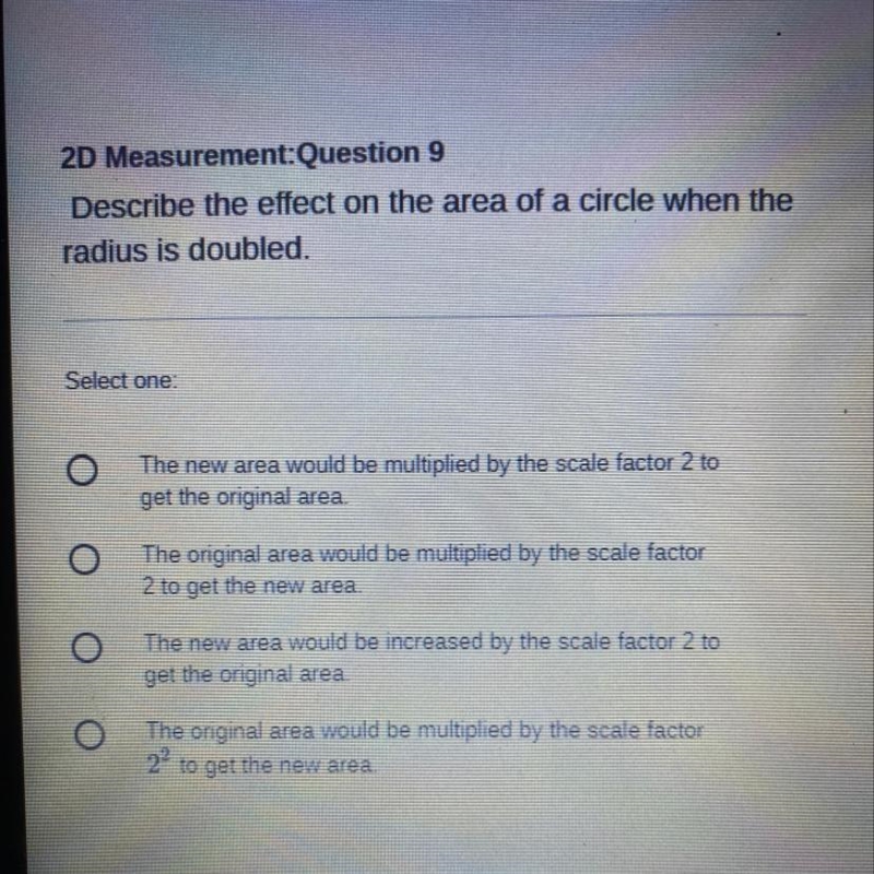 Describe the effect on the area of a circle when the radius is doubled-example-1