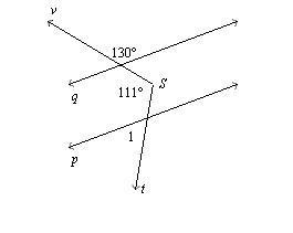 In the figure, p║ q find m∠1 1. m∠1 = 69 2. m∠1= 50 3. m∠1= 61 4. m∠1 = 40-example-1