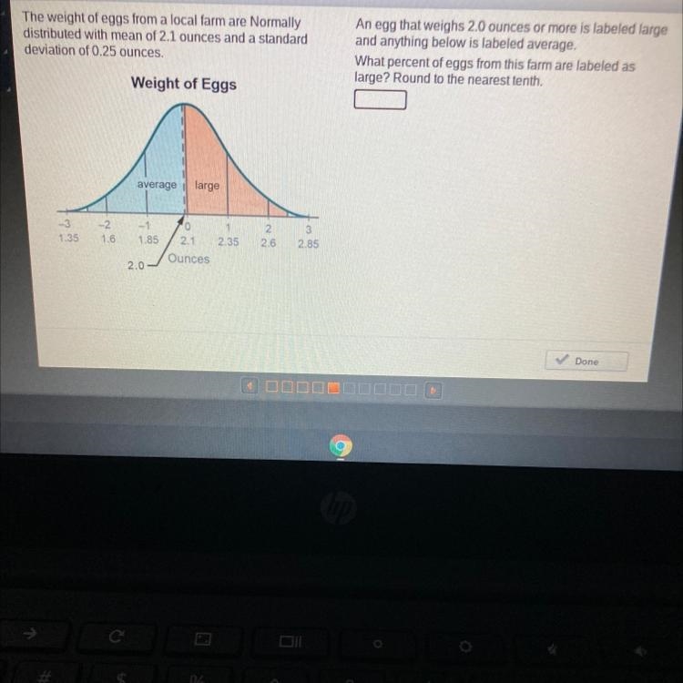 The weight of eggs from a local farm are Normally distributed with mean of 2.1 ounces-example-1