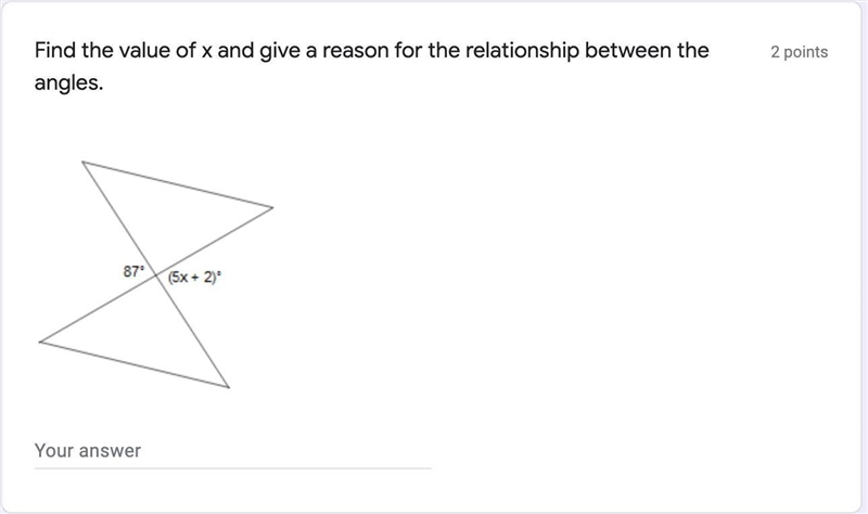 Find the value of x and give a reason for the relationship between the angles.-example-1