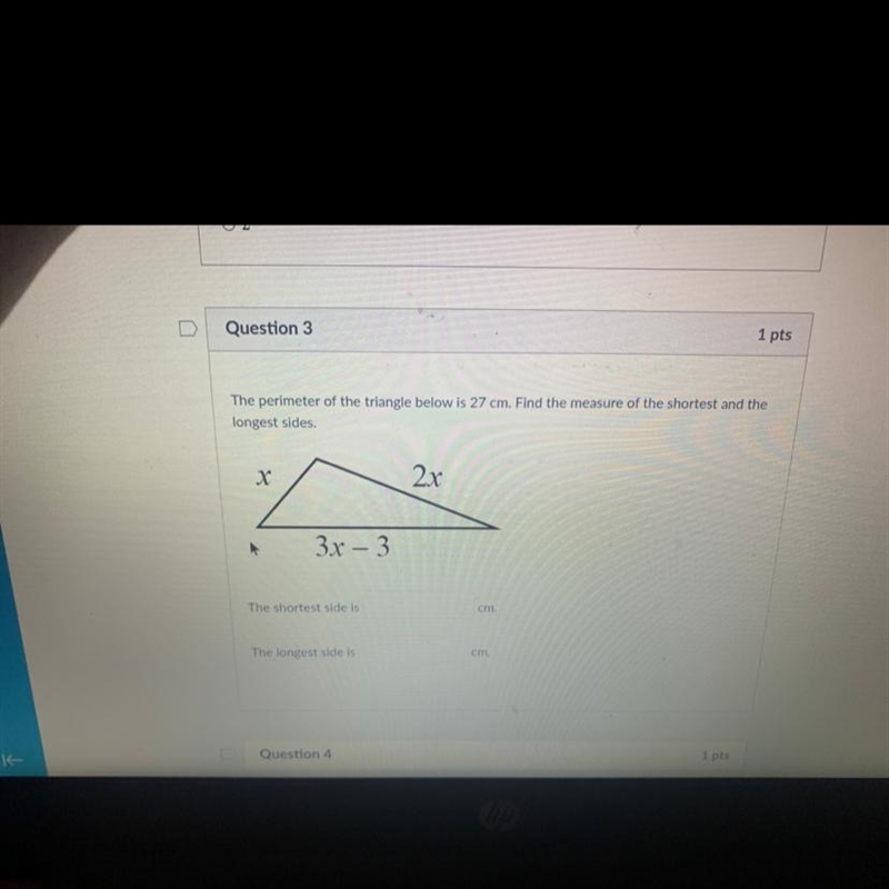 Question 3 1 p The perimeter of the triangle below is 27 cm. Find the measure of the-example-1