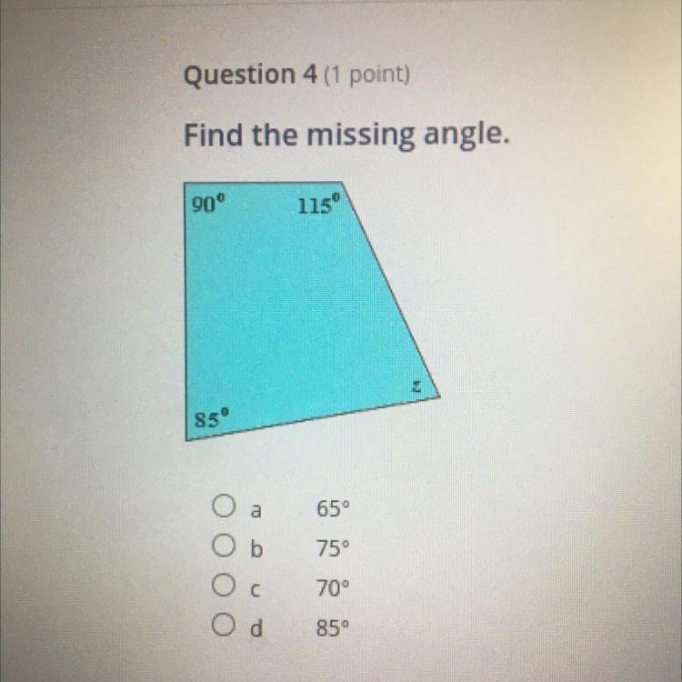 Find the missing angle. A.65 B.75 C.70 D.85-example-1