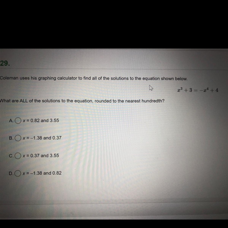 Coleman uses his graphing calculator to find all of the solutions to the equation-example-1