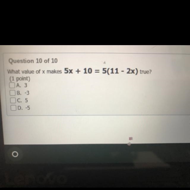 "what value of x makes 5x+10=5(11-2x)-example-1