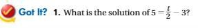 What is the solution of 5 = t/2 -3?-example-1