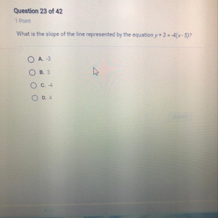 What is the slope of the line represented by the equation y + 3 = -4(x - 5)?-example-1