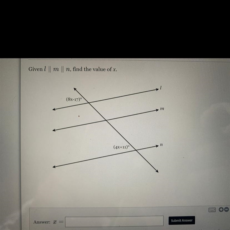 Given l || m || n, find the value of x-example-1