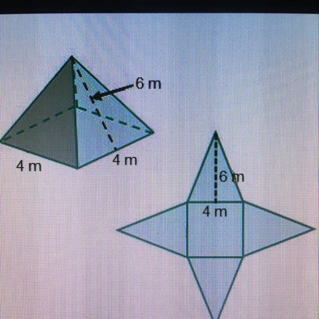 What is the total surface area of the square pyramid? O 48 square meters O 64 square-example-1