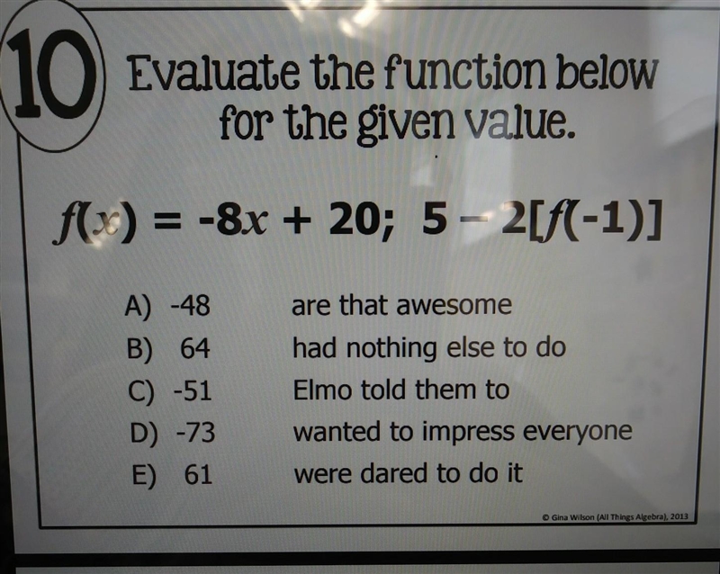 Given the value evaluate this function f(x) = -8x+20; 5-2 [f(-1)]​-example-1