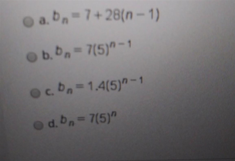 Find a formula for a geometric sequence that begins with 7, 35, 175,...​-example-1