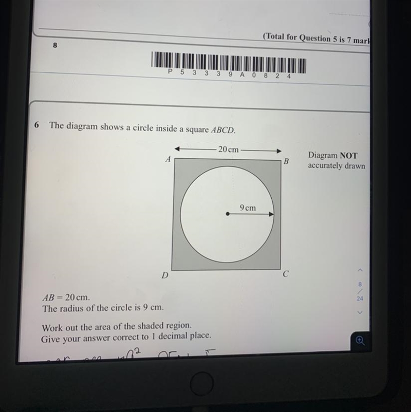 the diagram shows a circle inside a square ABCDB AB = 20 cm. the radius of the circle-example-1