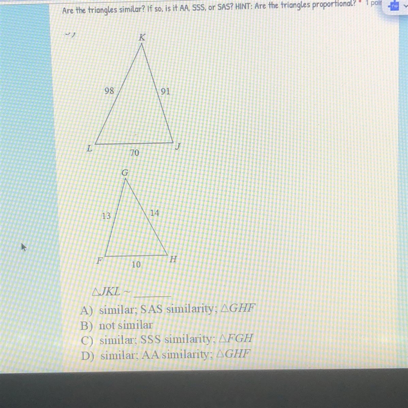 Are the triangles similar?-example-1