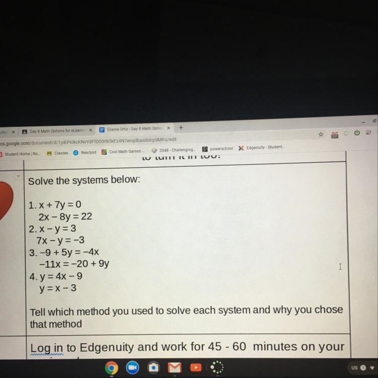 Solve the systems below: 1. x + 7y = 0 2x - 8y = 22 2. x-y=3 7x - y=-3 3.-9 + 5y = -4x-example-1