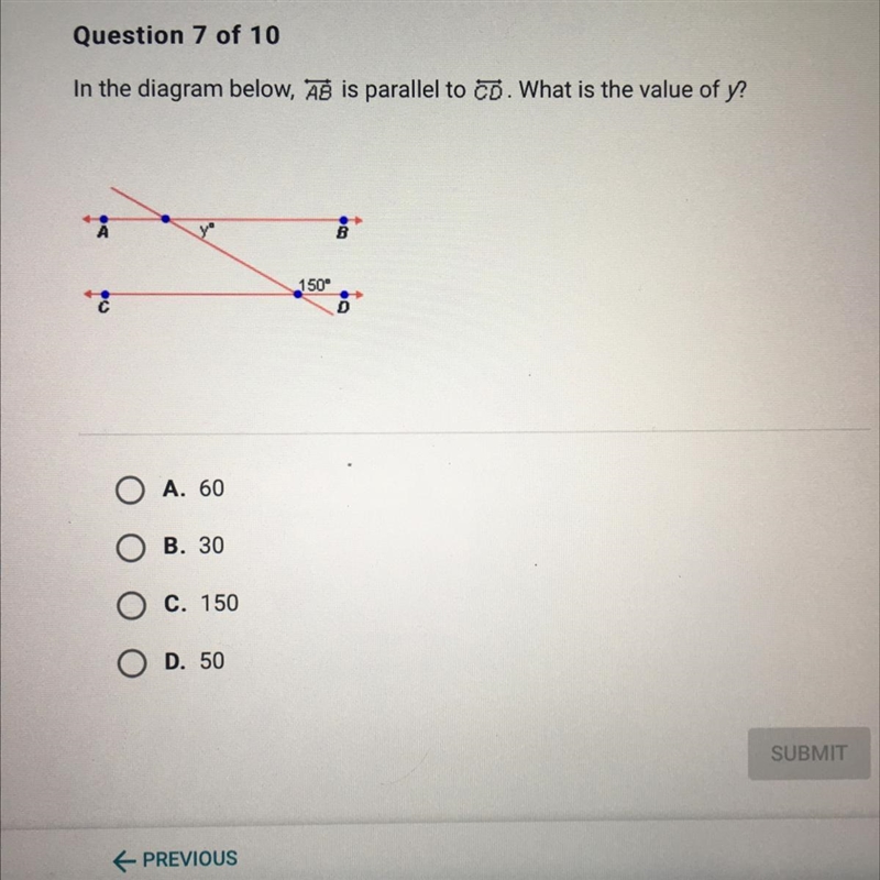 In the diagram below, AB is parallel to CD. What is the value of y?-example-1