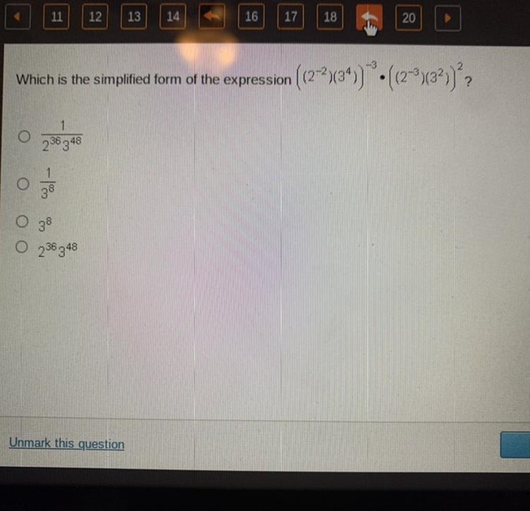 Which is the simplified form of the expression ((2^-2)(3^4))^-3 •((2^-3)(3^2))^2 (please-example-1