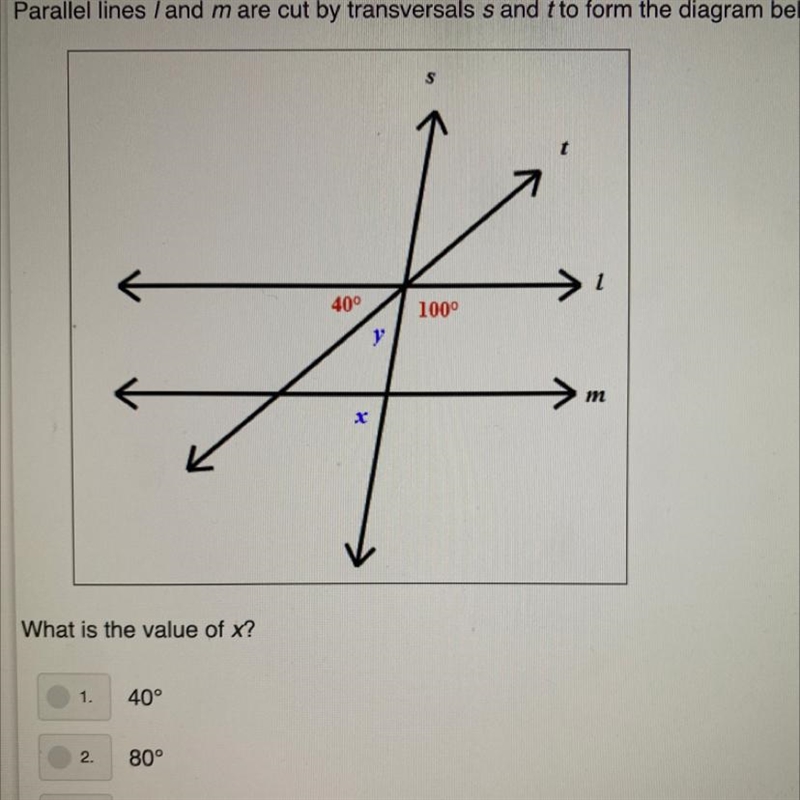 Parallel lines cut by transversals s and t to form the diagram below . What is the-example-1