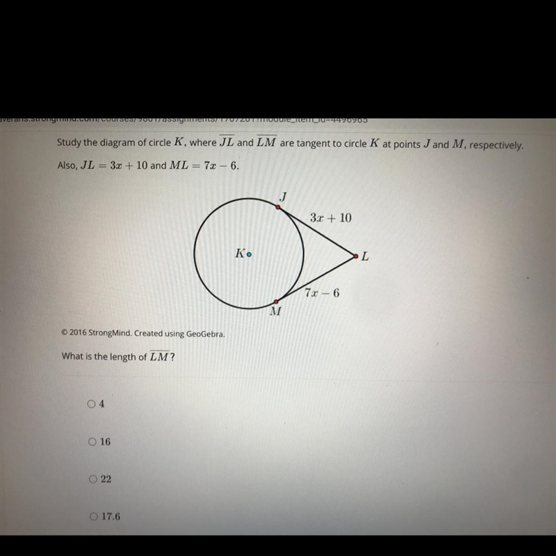 study the diagram of circle K where JL and LM are tangent to circle K at points J-example-1