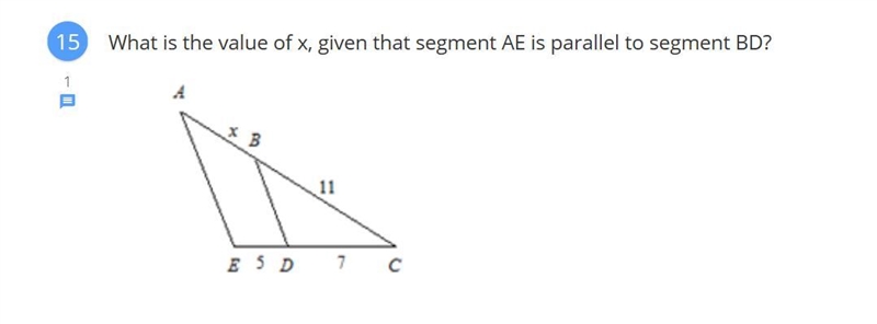 What is the value of x, given that segment AE is parallel to segment BD? A. 77/5 B-example-1