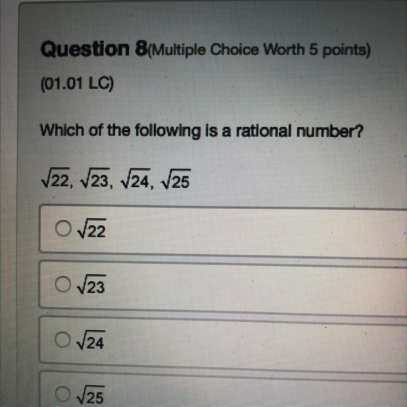 Which of the following is a rational number? V22, 23, 24, 25 V22 123 124 V25-example-1