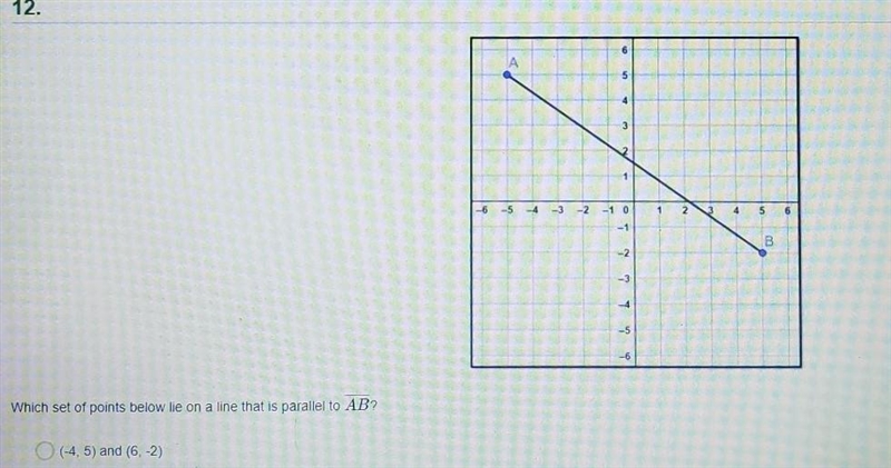 Which set of points below lie on a line that is parallel to AB? a=(-4,5) and (6,-2) b-example-1