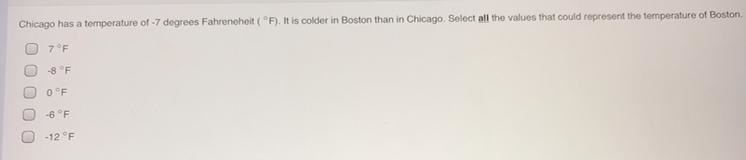 Chicago has a temperature of -7 degrees Fahrenheit (°F). It is colder in Boston than-example-1