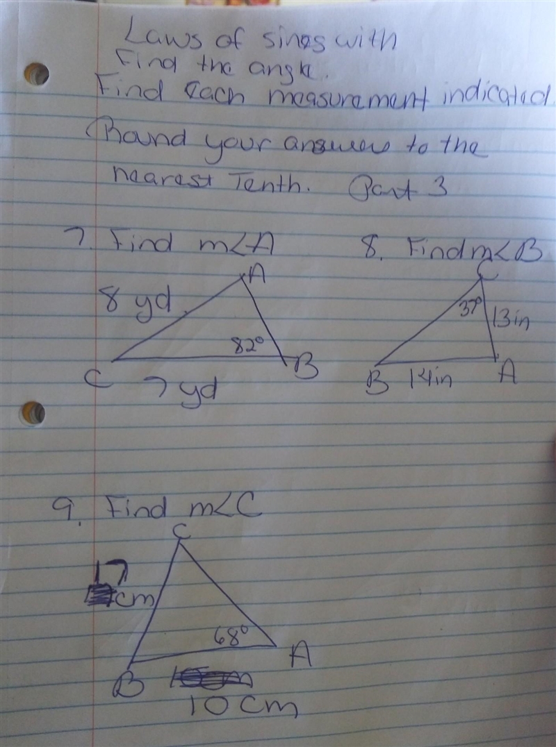 Laws of Sines with find the angle. Find the measurement indicated. Round your answers-example-1