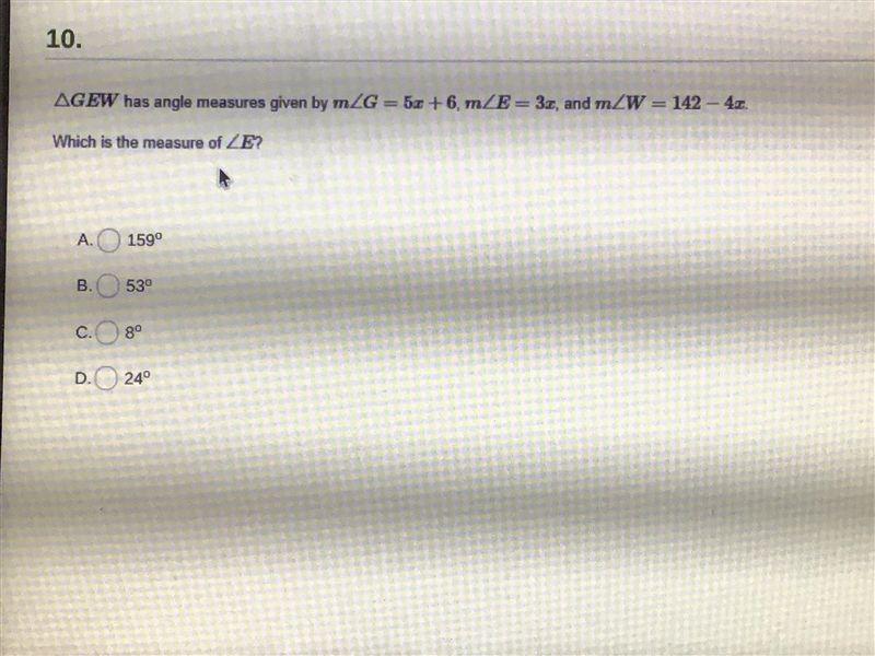 GEW has angle measures given by m<=5x+6 m<=3x and m-example-1