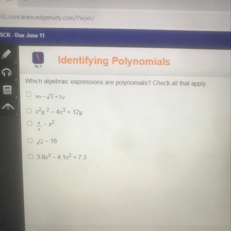 Which algebraic expressions are polynomials-example-1