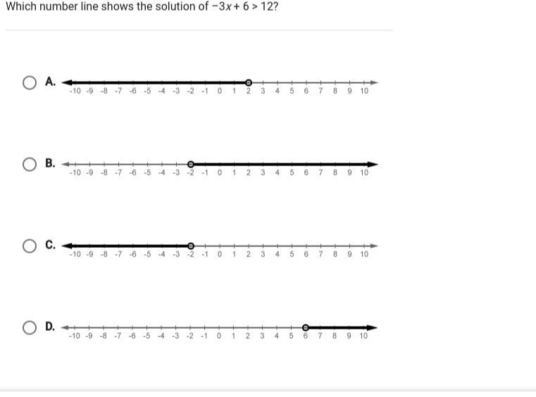 Please help!!(GIVING BRAINILEST) Which number line shows the solution of -3x+6&gt-example-1