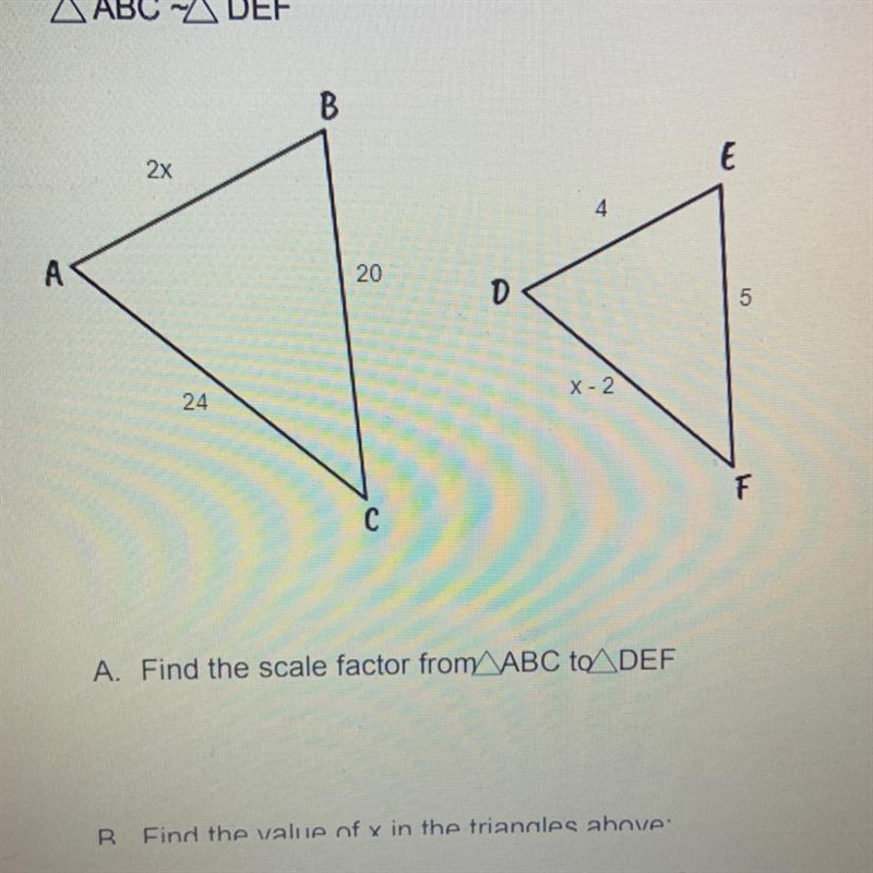 Can someone help me find the scale factor from ABC to DEF plz?-example-1