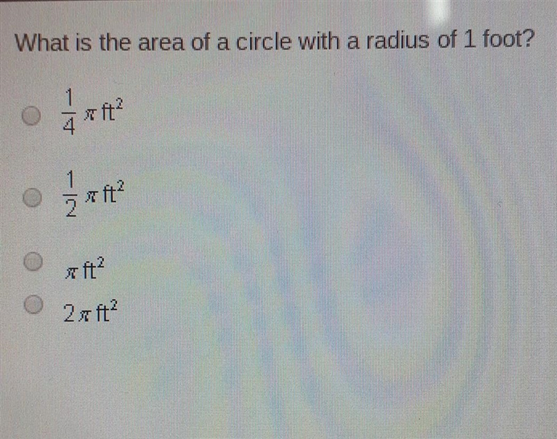 What is the area of a circle with a radius of 1 foot? ооооplz helppp​-example-1