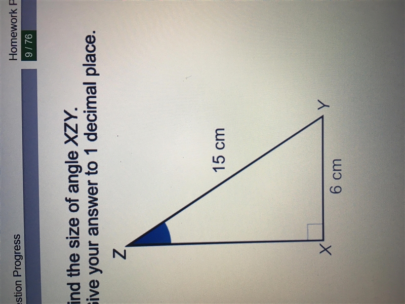 Find the size of angle XZY Give your answer to 1 decimal place 15cm 6cm-example-1