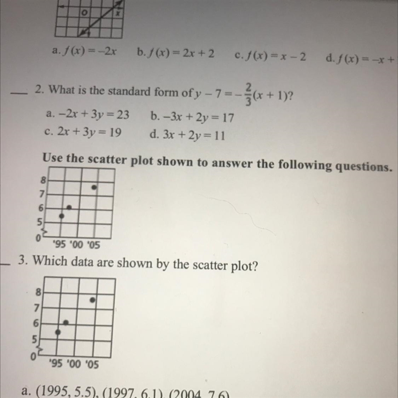 In algebra how do i convert y-7=-2/3(x+1) into standard form and what would it be-example-1