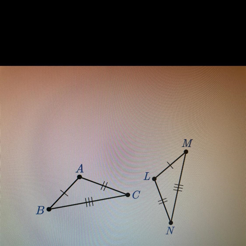 Triangles ABC and LMN are congruent according to which of the following congruence-example-1