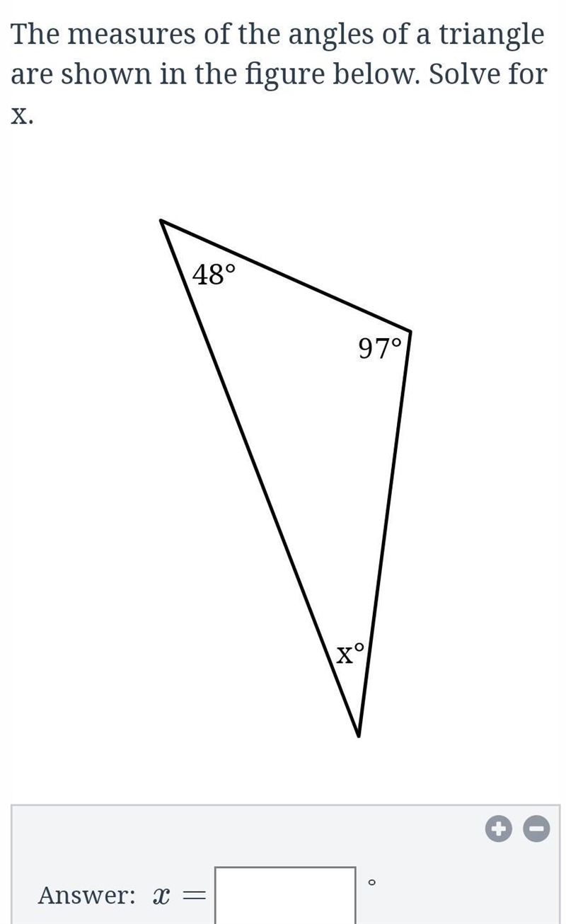 What is the measure of the angles in the triangle shown below.​-example-1