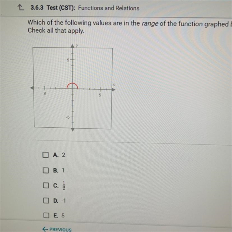 Which of the following values are in the range of the function graphed below? Check-example-1