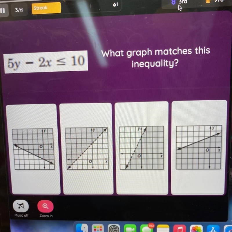 5y - 2x < 10 What graph matches this inequality? У yi o o-example-1