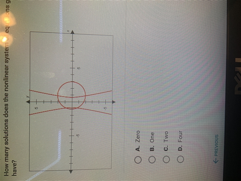 How many solutions does the nonlinear system of equations graphed below have? A. Zero-example-1