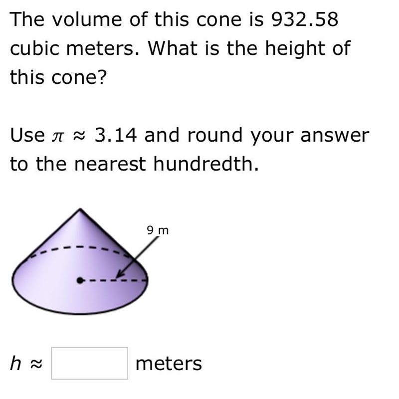 The volume of this cone is 932.58 cubic meters. What is the height of this cone?-example-1