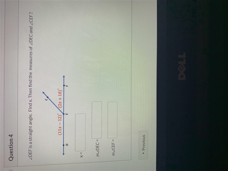 DEF is a straight angle. Find x. Then find the measures of DEC and CEF-example-1