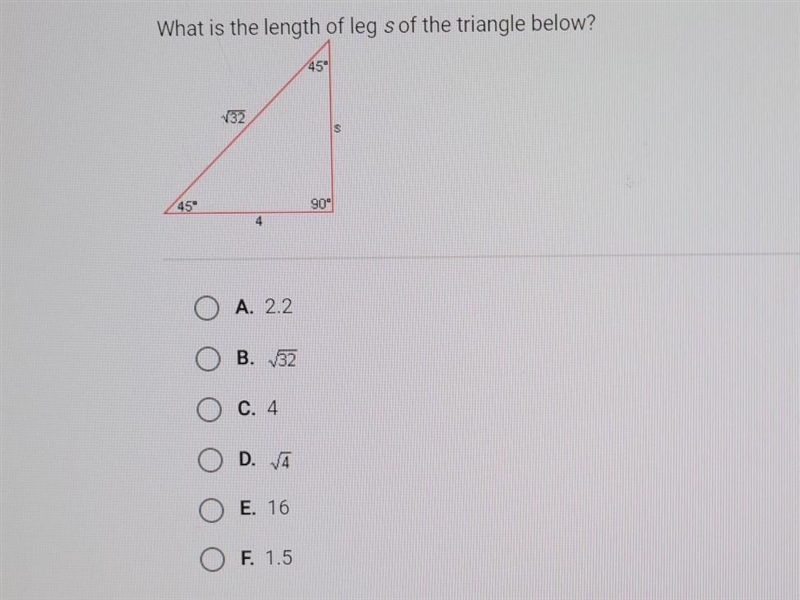 What is the length of leg s of the triangle below?​-example-1